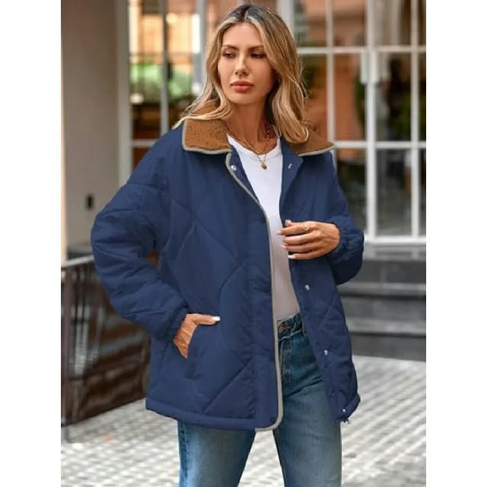 Women's Winter Quilted Puffer Jacket Long Sleeve Zip Button Coat